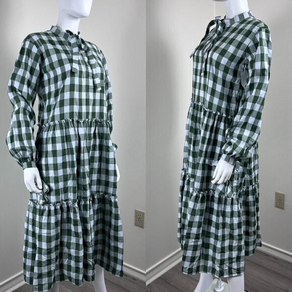 LJC Designs Bellagio Cotton Green Gingham Plaid Peasant Midi NEW Pullover Dress - Picture 6 of 10